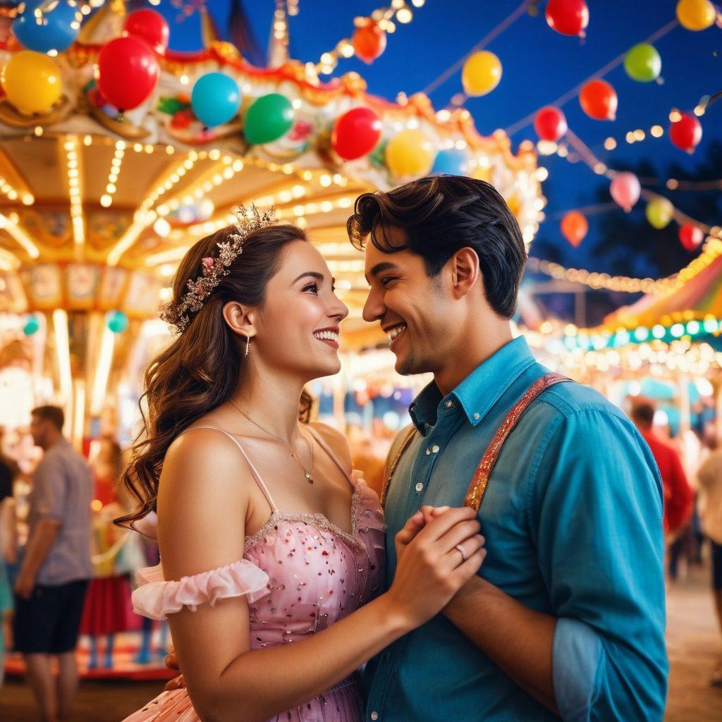 A playful scene depicting a vibrant carnival with whimsical decorations, featuring people of diverse backgrounds engaging in flirty conversations, laughter, and games. Colorful balloons and confetti fill the air, while a charming couple shares a light-hearted moment on a carousel. Add twinkling fairy lights to enhance the joyous atmosphere. bright colors. whimsical. lively illustration.