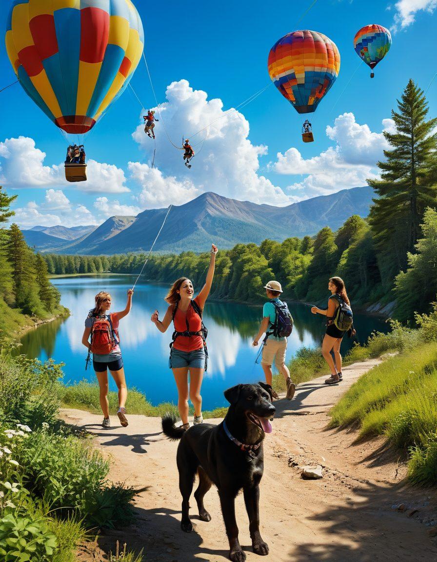 A whimsical scene capturing a group of diverse friends enjoying an outdoor adventure, engaging in activities like hiking, zip-lining, and laughter by a sparkling lake. Vivid colors and a bright blue sky create an atmosphere of joy and spontaneity. Incorporate playful elements like kites flying and a friendly dog joining in the fun. super-realistic. vibrant colors. dynamic composition.