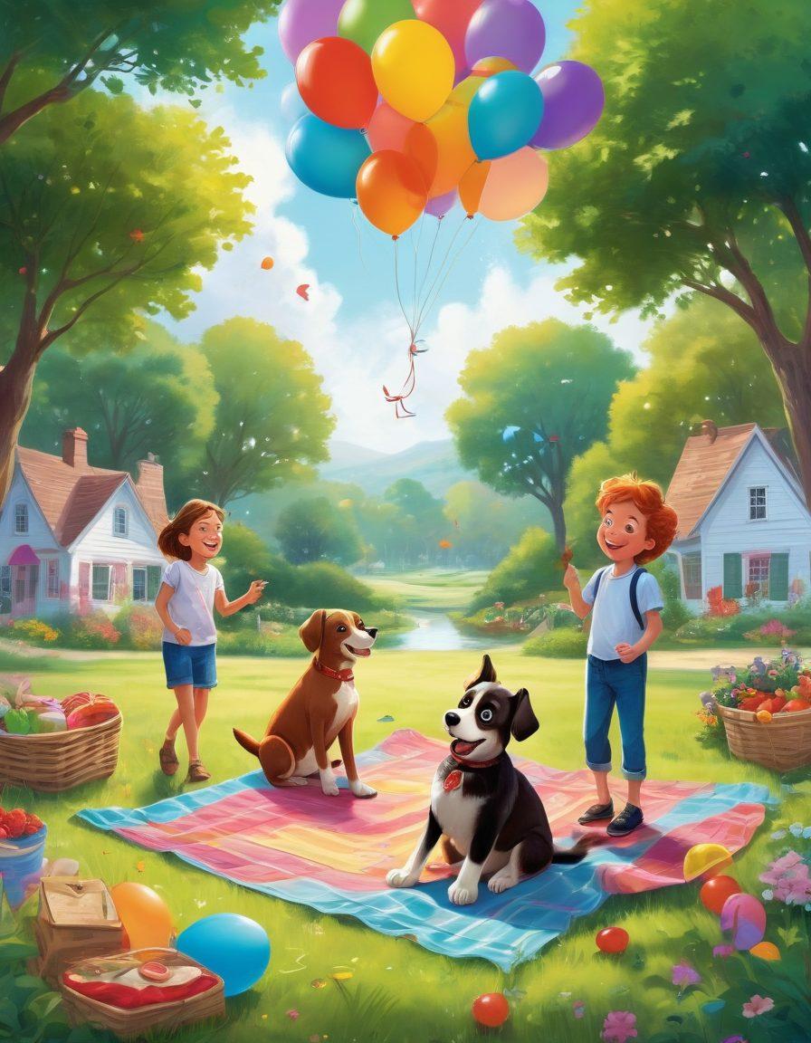 A whimsical scene depicting a group of diverse children and young adults engaging in playful activities outdoors, surrounded by colorful balloons and lively nature, with bright smiles and laughter. Add elements of adventure such as a treasure map, a picnic setup, and a playful dog joining in on the fun. Capture the essence of joy, freedom, and youthful spirit. vibrant colors. illustration.